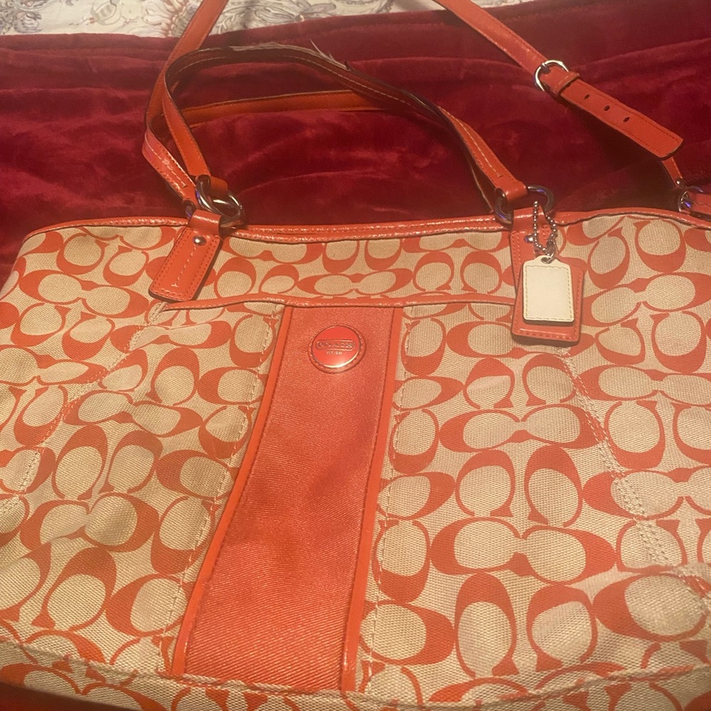 Coach Signature Tote in Orange and Cream